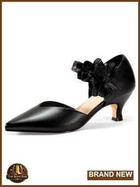 Coutgo Faux Leather Kitten Heel Pumps with Floral Pointed Toe Slip-On
